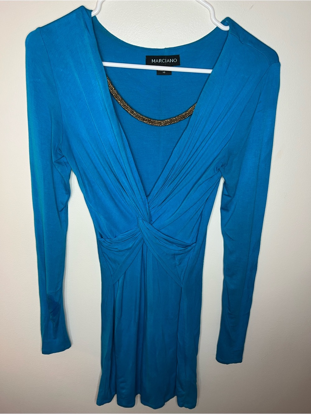 Marciano Bright Teal Knot-Front V-Neck Dress with Gold Chain Trim